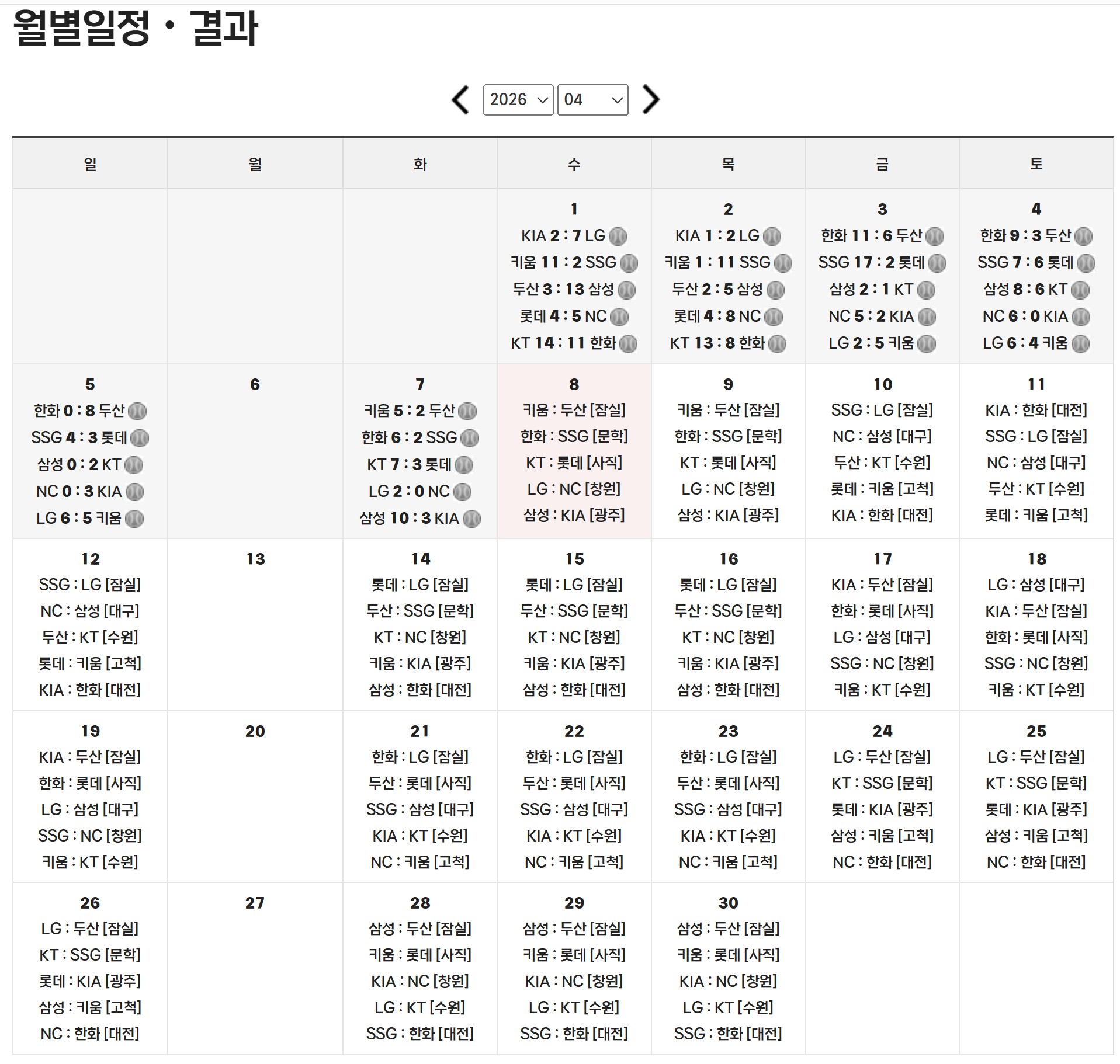 2026년4월프로야구일정